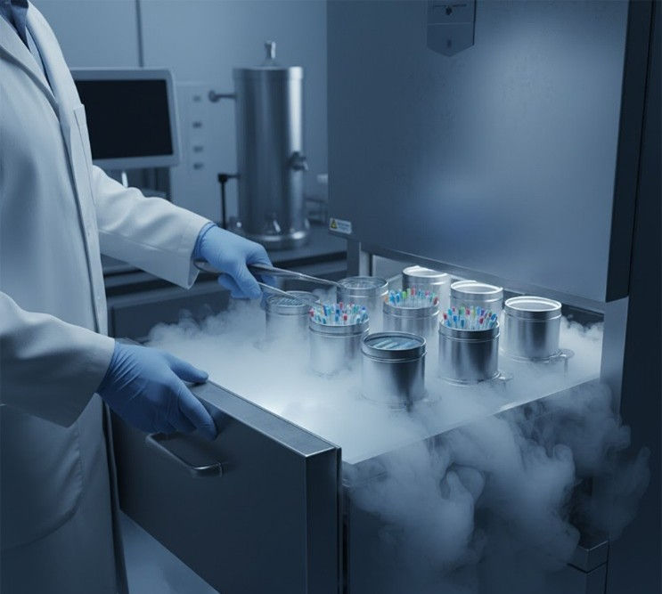 A scientist in a lab coat, with blue gloves, handles metal canisters in a foggy cryogenic freezer, conveying a high-tech atmosphere.