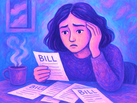 Illustration of a worried woman sitting at a table, holding a bill with a distressed expression, surrounded by several other bills, with a steaming mug beside her, symbolizing financial stress and anxiety.