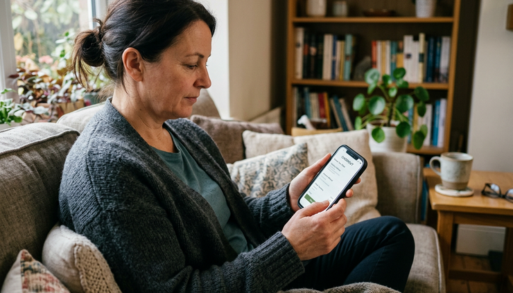 Vista em ângulo amplo de uma pessoa conferindo uma compra online no celular em casa