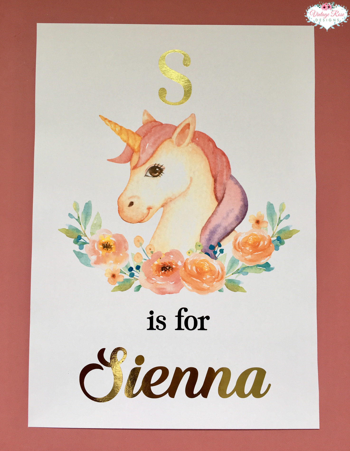 unicorn head initial name foil print vintagerosedesigns