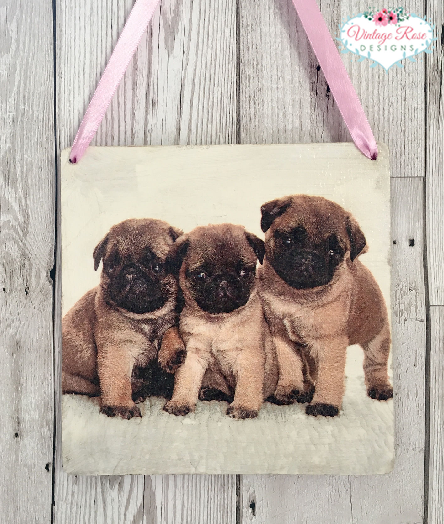 Pug Puppies Hanging Wall Art Wooden Plaque