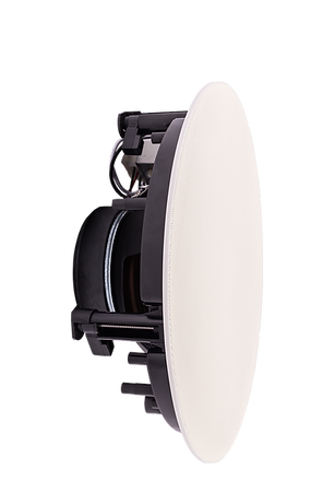 Side view of white Evoson ceiling speaker with grille