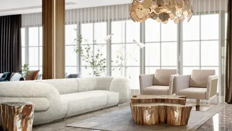 Sala de residencia con climatización inteligente residencial — grandes ventanales y ambiente fresco sin equipos visibles