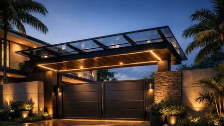 Acceso vehicular automatizado en residencia premium — portón de diseño con iluminación integrada y control inteligente