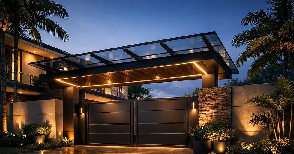 Acceso vehicular automatizado en residencia premium — portón de diseño con iluminación integrada y control inteligente