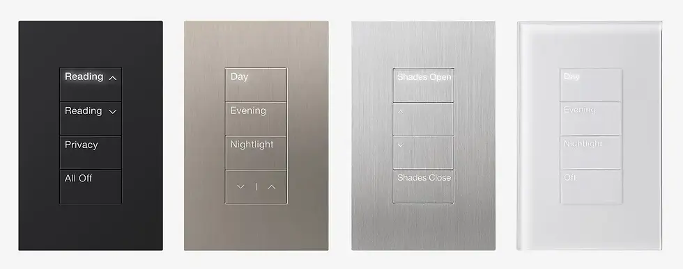 Lutron Palladiom keypads en distintos acabados — botones amplios y faceplate premium para residencias de alto nivel