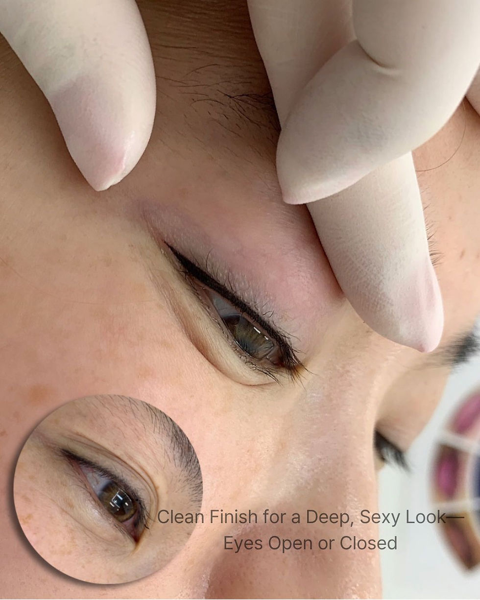 Smoky eyeliner deep defined finish, visible eyes open or closed — before and after at Sunny PMU Hongdae, Seoul