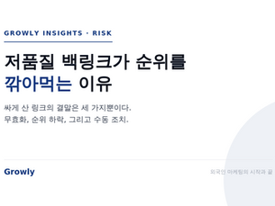 저품질 백링크가 순위를 깎아먹는 이유를 분석한 Growly Insights 대표 이미지. 무효화·하락·수동 조치.