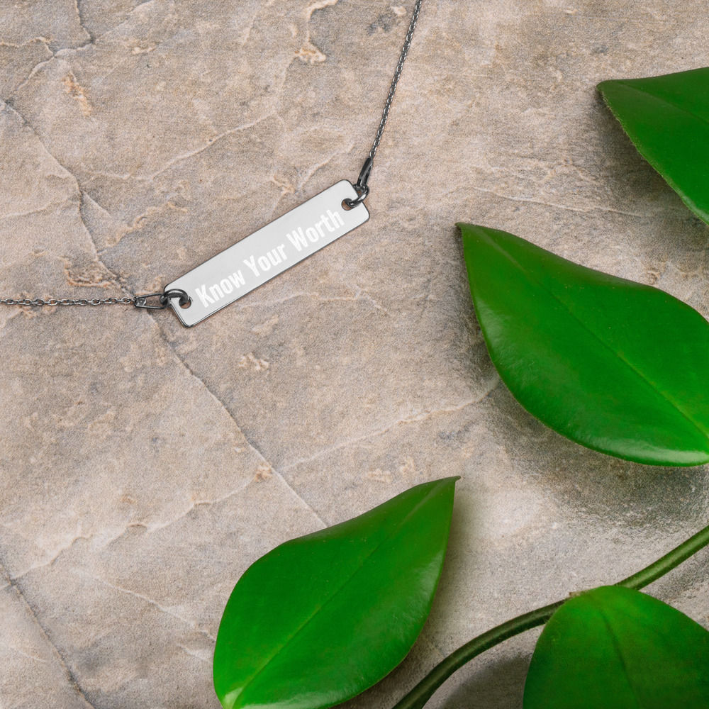 The Digital Coffee Date "Know Your Worth" Engraved Bar Chain Necklace
