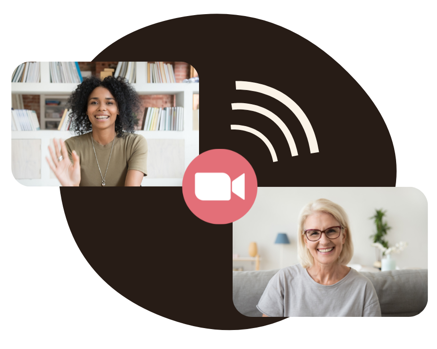 Two women smiling and talking during an online video call, representing virtual gut health consultations.