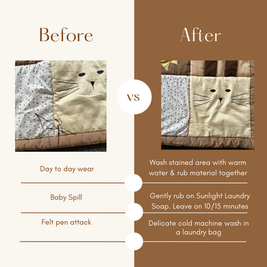 Before and after decorative image showing play mat washed after felt tip exposed to it