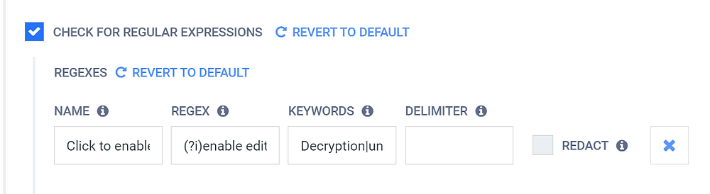 Na seção “Check for regular expressions”, você pode usar o campo “RegEx” para inserir possíveis palavras-chave de phishing.