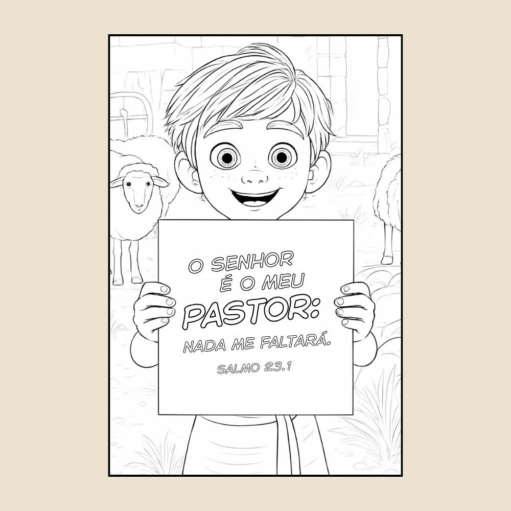 Ilustração Bíblica para Colorir: O Pequeno Pastor com Ovelhas (Salmo 23)