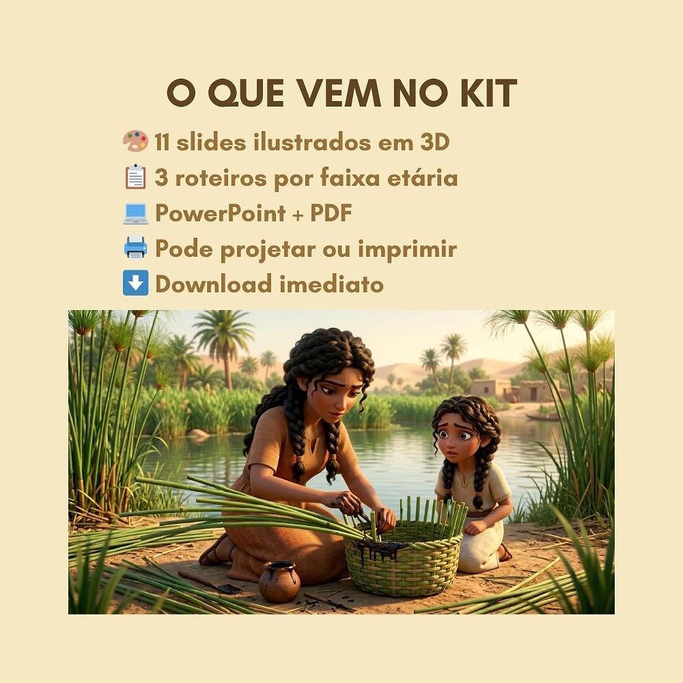 Kit completo com 11 slides 3D e roteiros prontos para contar a história de Joquebede para crianças de 0 a 8 anos.