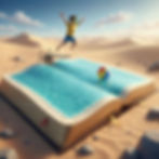 Ilustração digital de uma Bíblia aberta transformada em uma piscina de águas cristalinas no meio de um deserto.