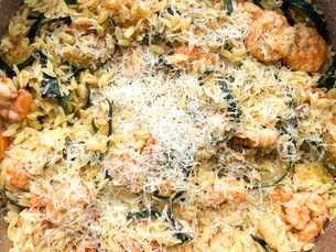Fresh shrimp orzo with zucchini, garlic, and lemon, served as a light Mediterranean-inspired weeknight dinner.