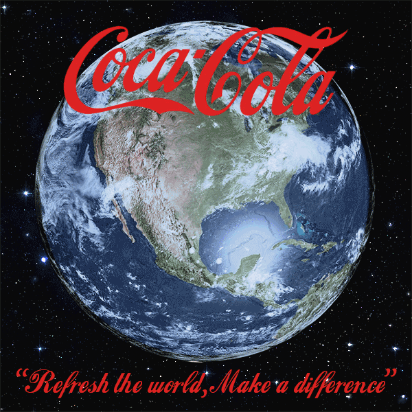 A Coca-Cola animated GIF ad showing the earth with soda filling it up, as well as the text, Refresh the world, make a difference.