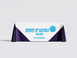 A disco event booth table cloth mockup. It is purple and white with blue text and logo.