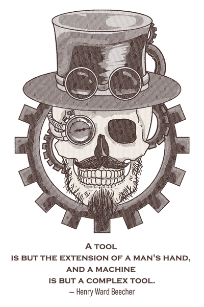 A steampunk skull with a mustache wearing a top had with gears framing the vector illustration.