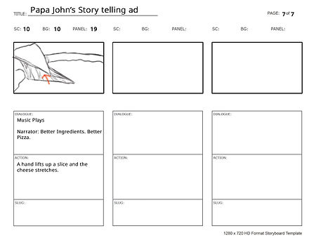 A story board page showing a pizza slice being picked up with cheese stretching.