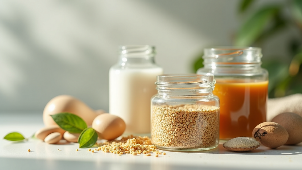 Close-up view of natural skincare ingredients in glass jars