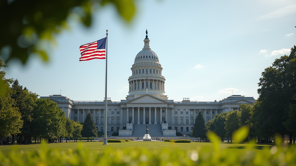 Eye-level view of a legislative building with a flag waving in front