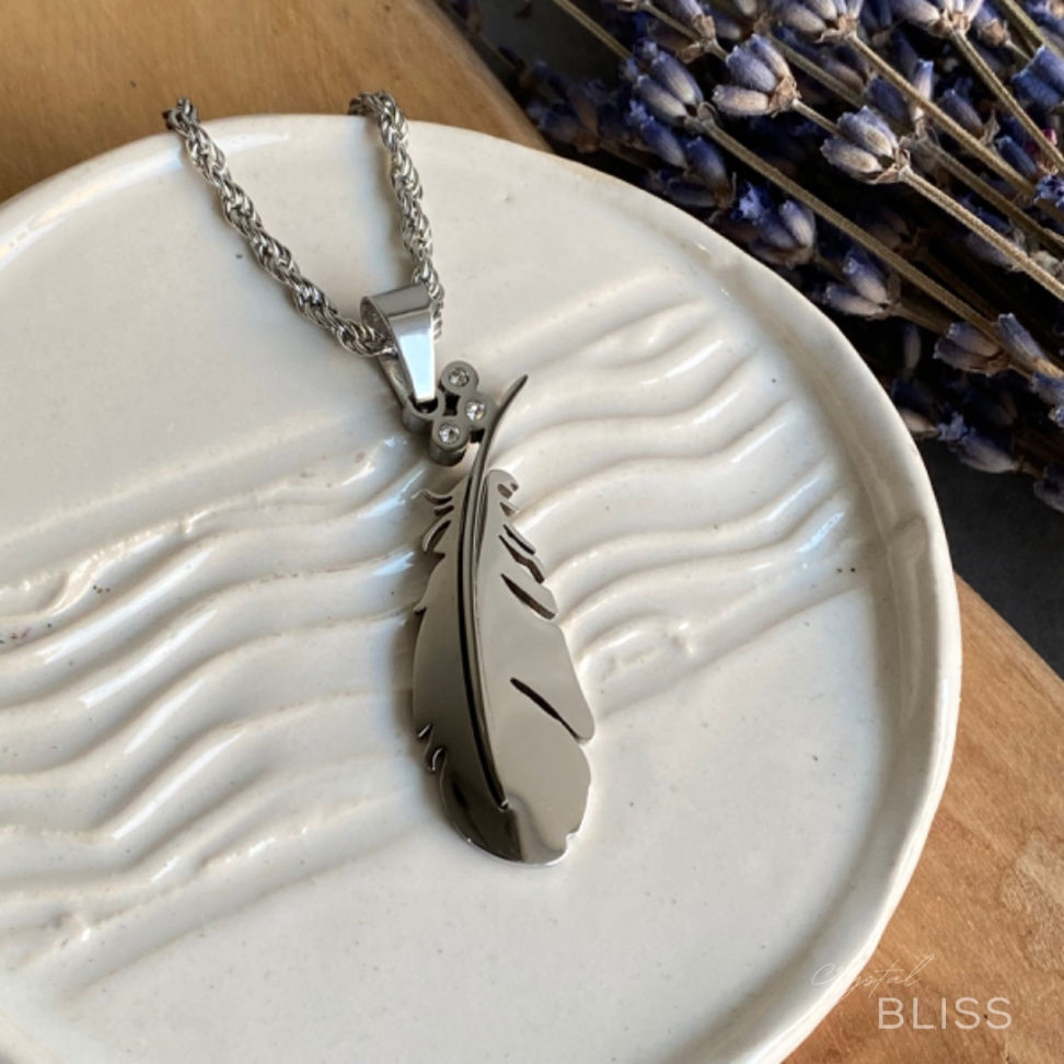 Large Feather Steel Charm Necklace