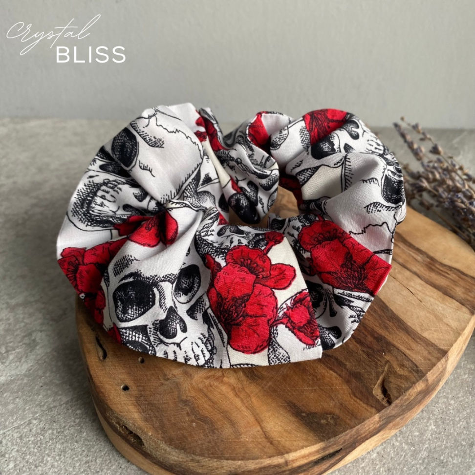 Thumbnail: Skull with Red Flowers Print Scrunchie