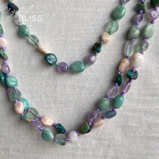 Thumbnail: Aqua and Sand 26.5 inch Mermaid Necklace on Purple Thread