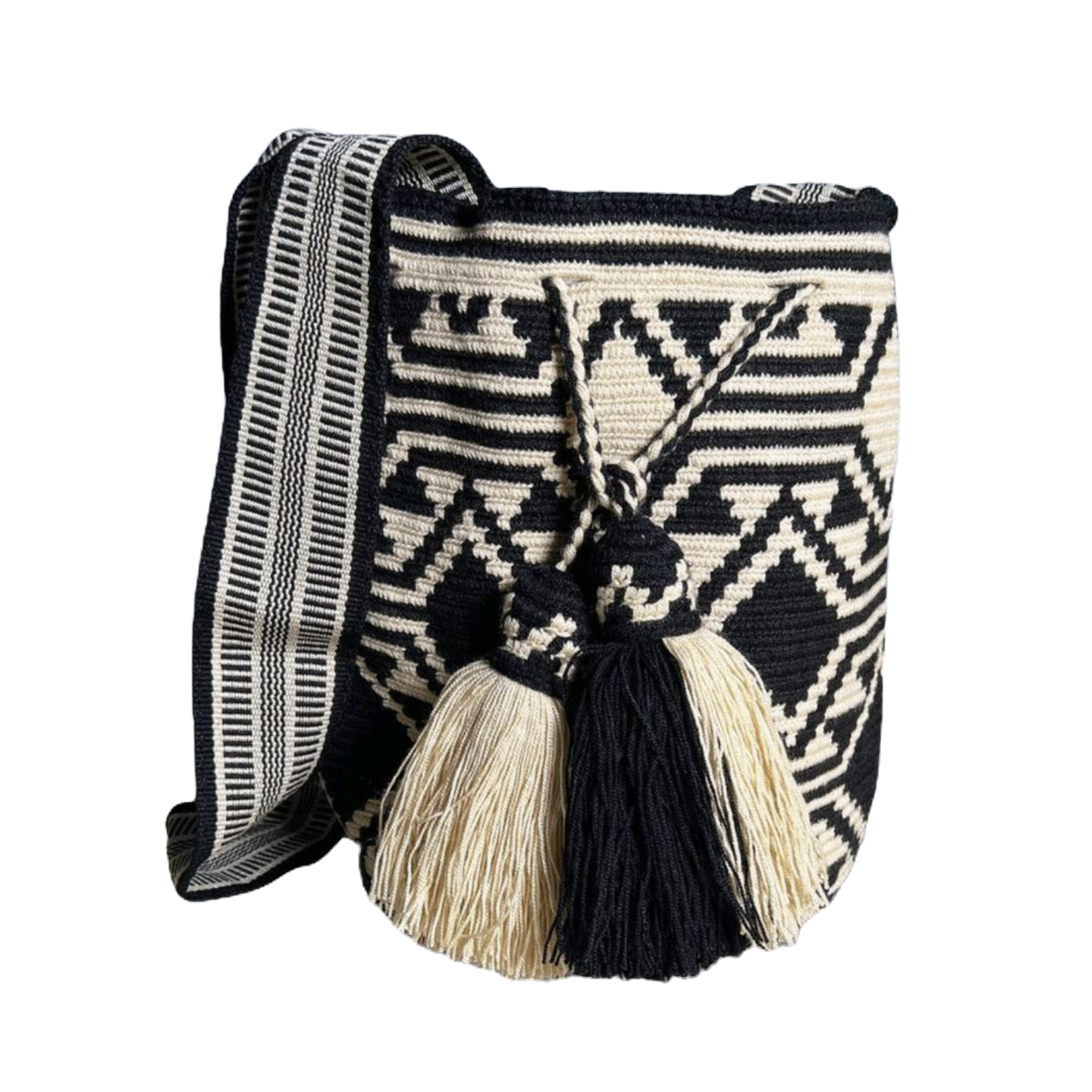Wayuu Mochila Beige and Black - Colombia Handmade