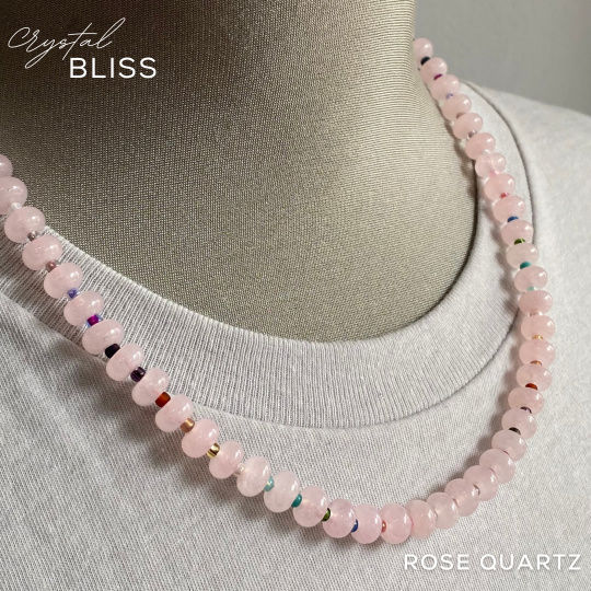 Thumbnail: Rose Quartz Rondelle Necklace with Rainbow Miyuki Spacer Beads