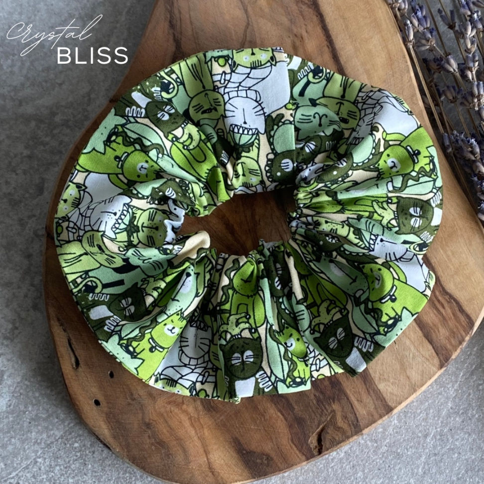 Green Cats Print Scrunchie