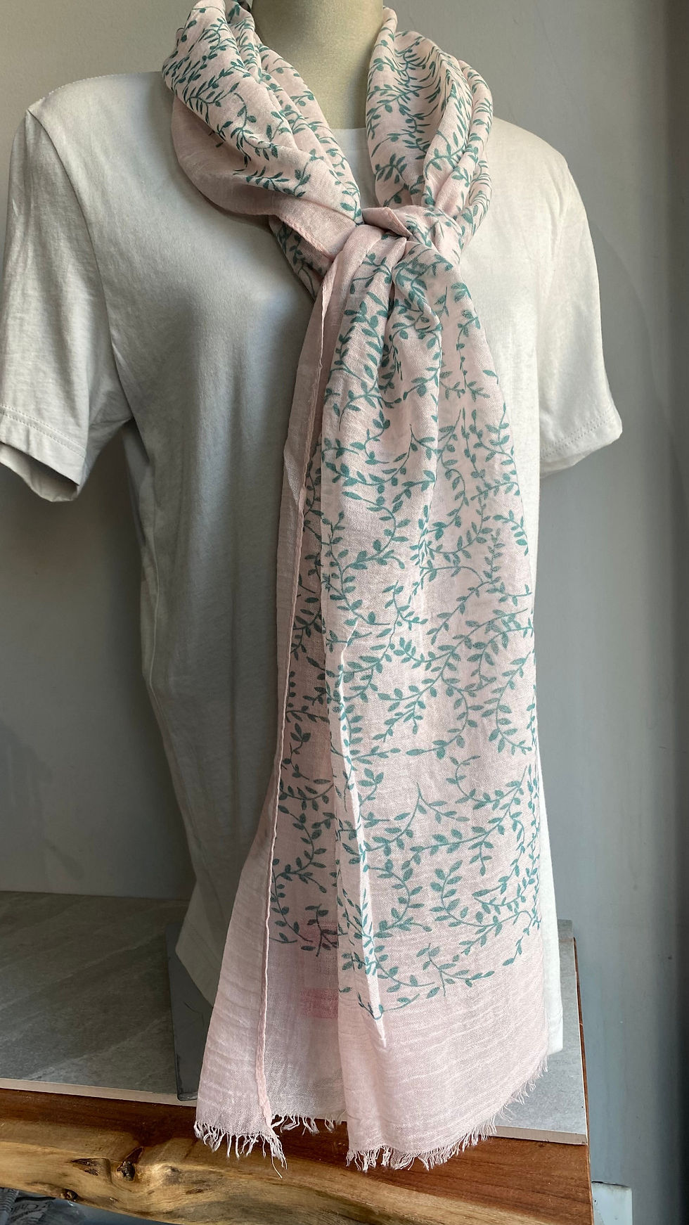 Thumbnail: Green Leaves on Light Pink Scarf 100% Cotton Lightweight Scarf