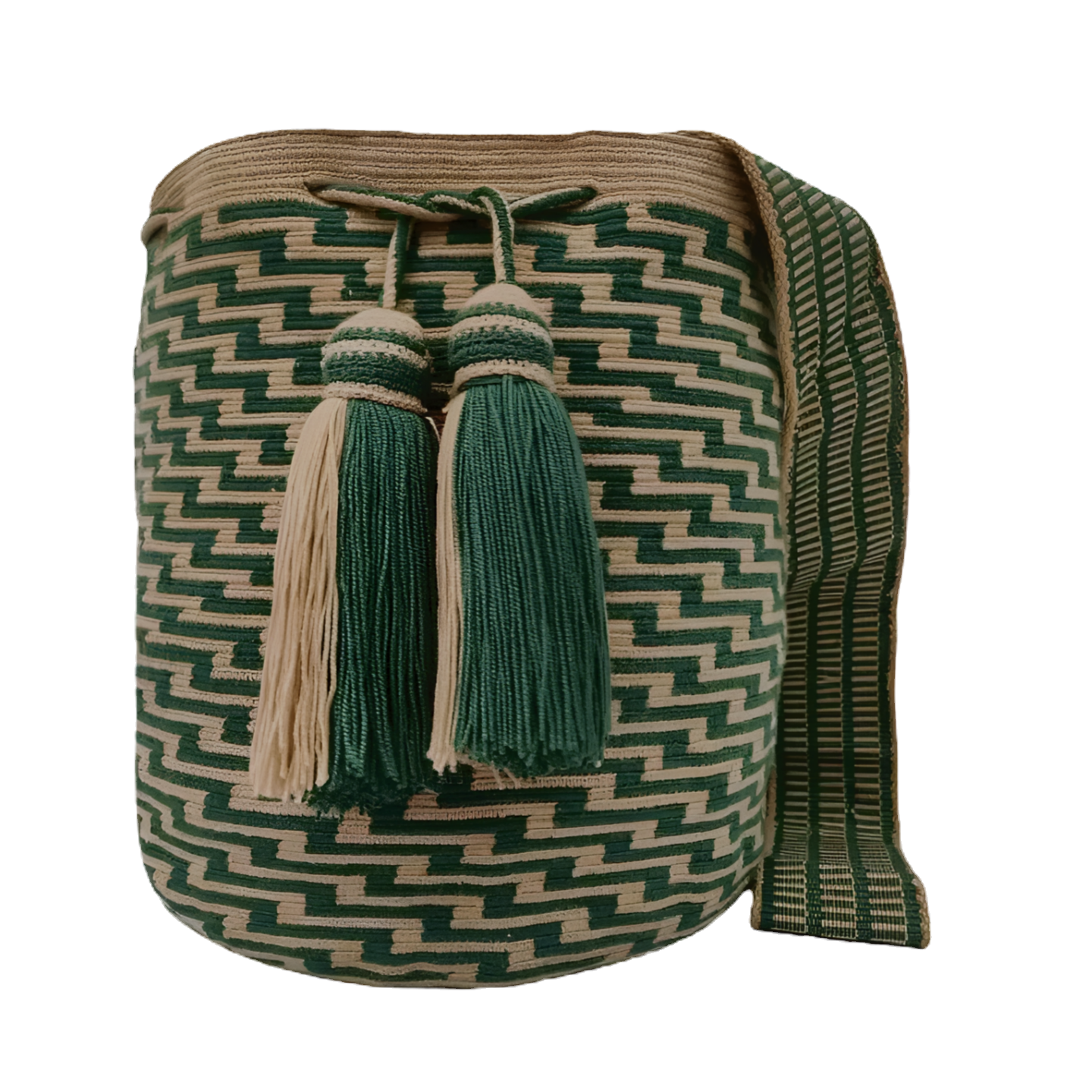 Wayuu Mochila Beige and Green - Colombia Handmade
