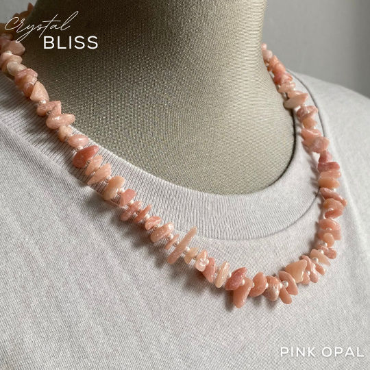 Thumbnail: Pink Opal Chip Necklace with Shiny Cream Miyuki Spacer Beads
