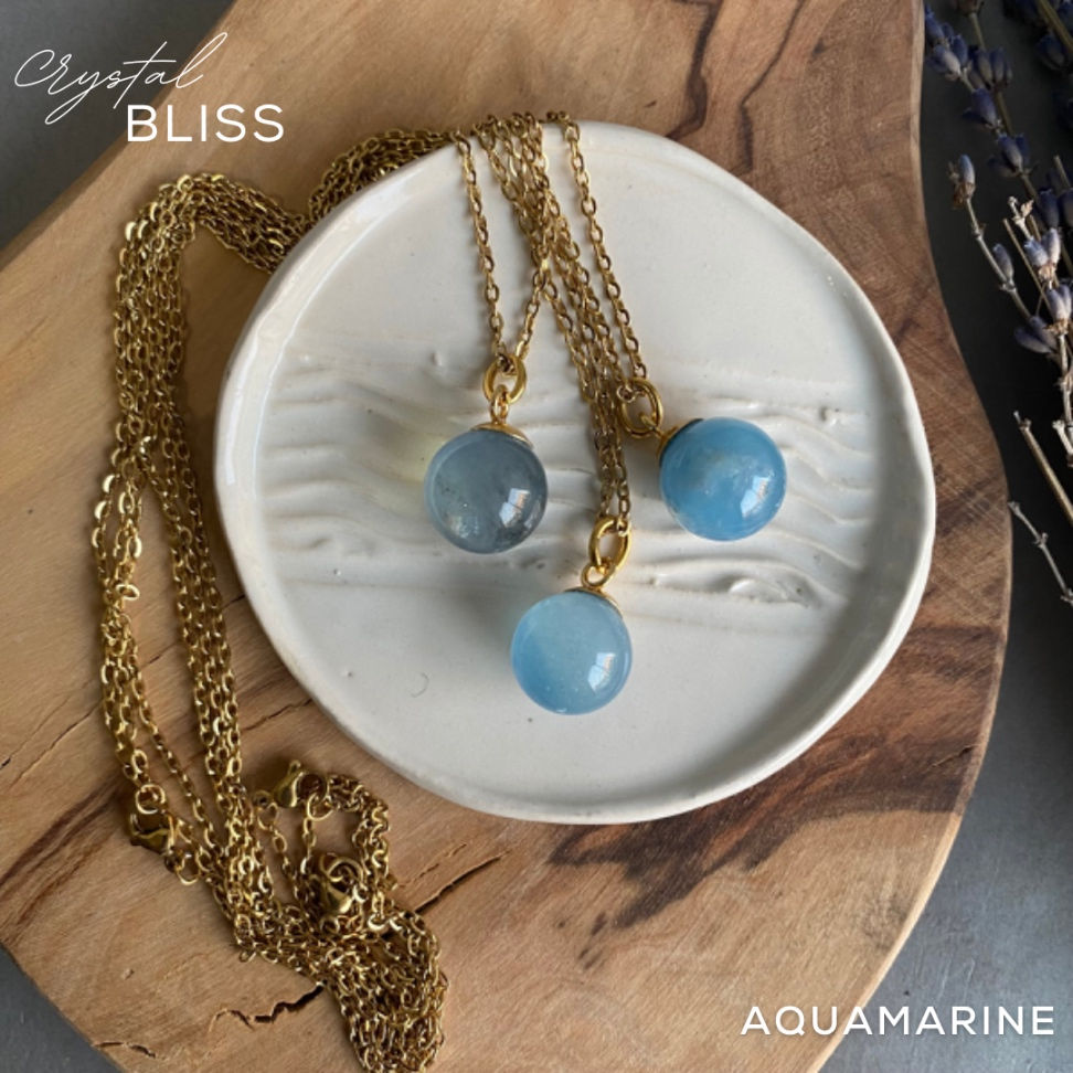 Aquamarine Sphere on Gold Stainless Steel Necklace