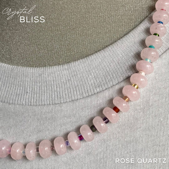 Thumbnail: Rose Quartz Rondelle Necklace with Rainbow Miyuki Spacer Beads