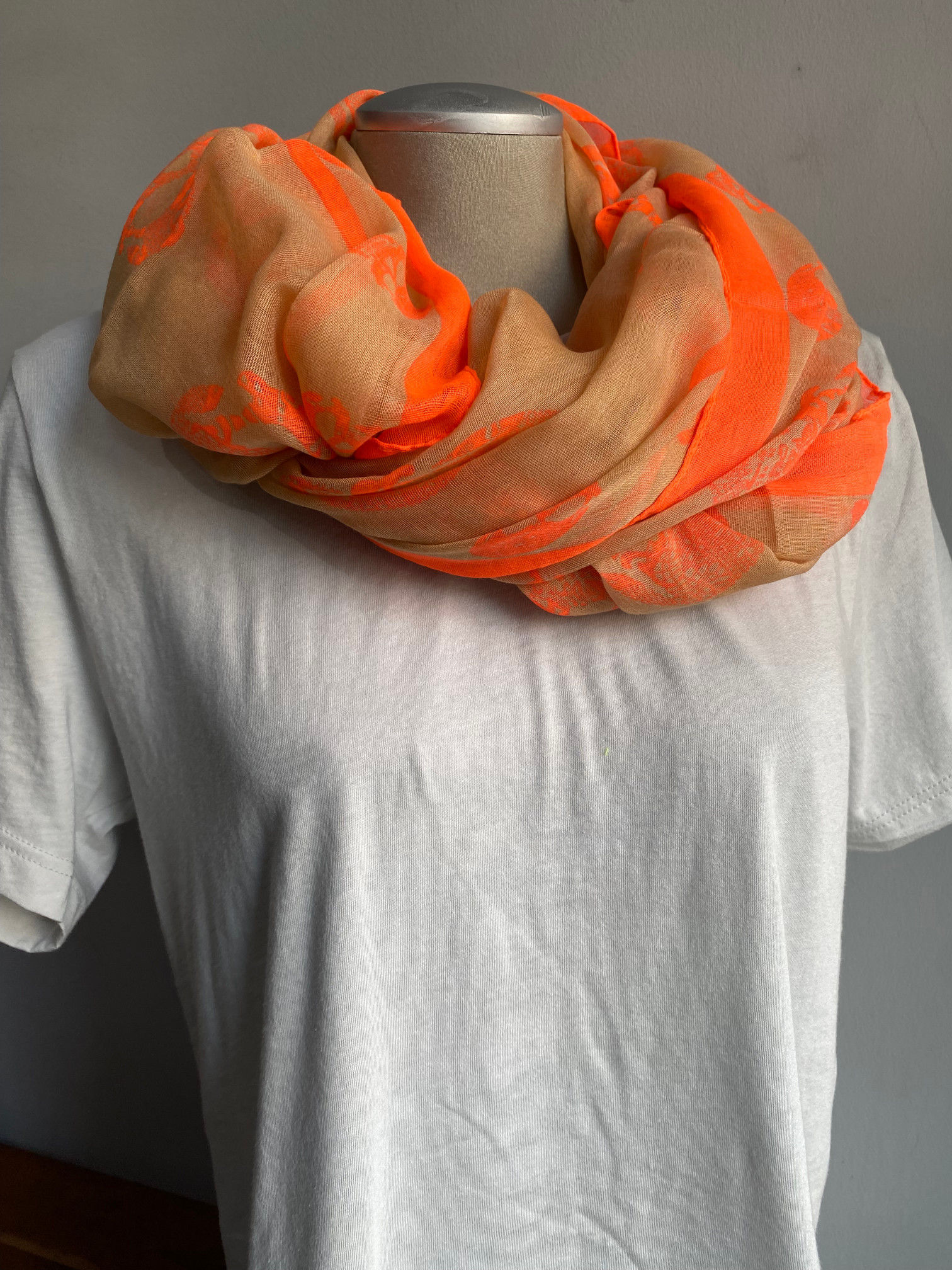 Tan with Fluorescent Orange Skull Infinity - Loop - Circle Lightweight Scarf