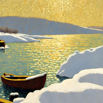Yellow Sky On Icy Water With Boat