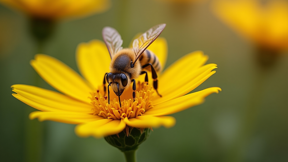 Eye-level view of a honeybee on a flower
