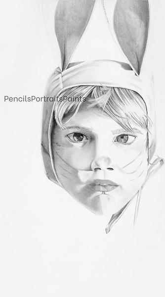 drawing of a young girl in bunny ear Halloween costume from the 1980's.