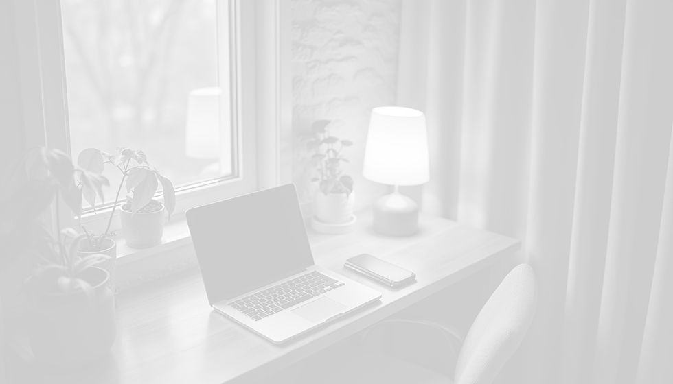 High angle view of a cozy study nook with a laptop and soft glowing lamp