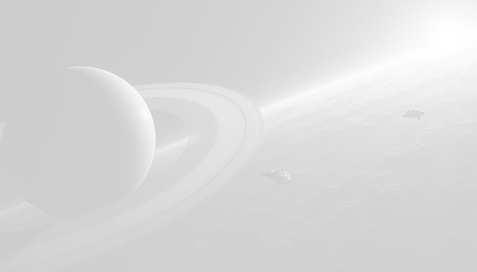 High angle view of Saturn’s rings with spacecraft in the distance