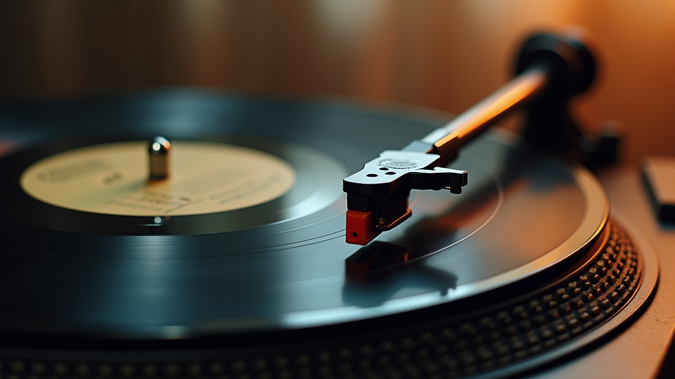 Close-up view of a vintage vinyl record spinning on a turntable