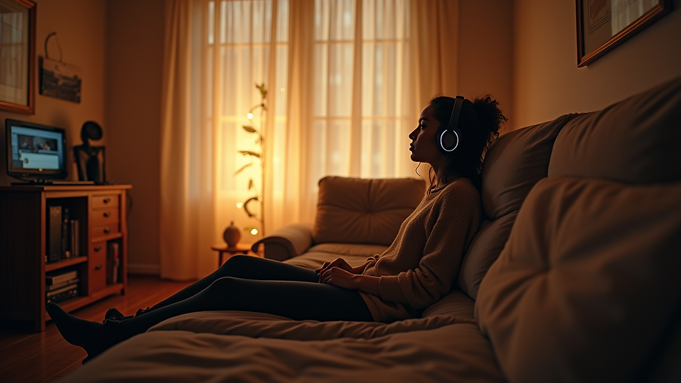 Eye-level view of a cozy room with a person sitting quietly, headphones on, immersed in music