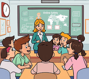Cartoon students learning about online s