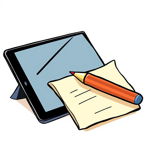 cartoon drawing of a pen and paper with a tablet in the background.jpg