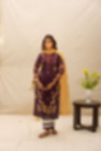 female model wearing lush purple by mukhtar sarees for gul season 3 of grape purple color and 100% organza for kurta/pant/dupatta