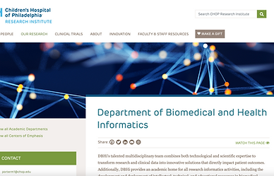Image of a website with a Children's Hospital of Philadelphia logo at the top and the page heading is "Department of Biomedical and Health Informatics"