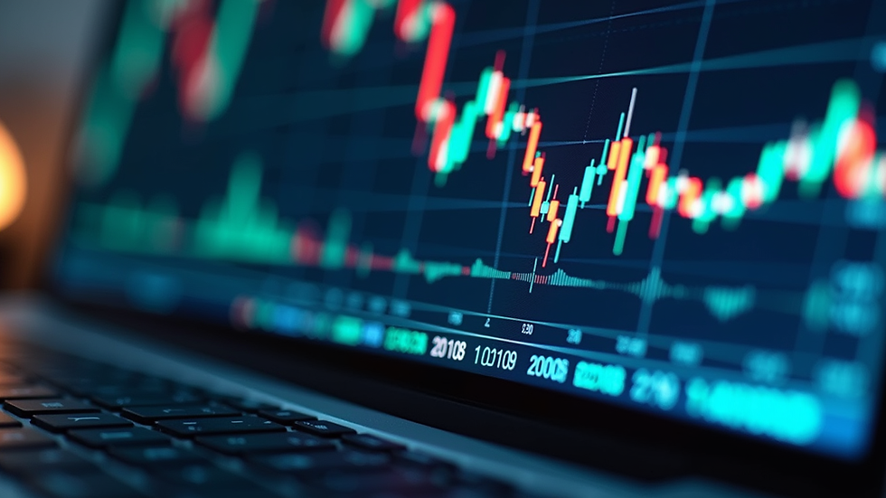 Eye-level view of a computer screen showing stock market charts